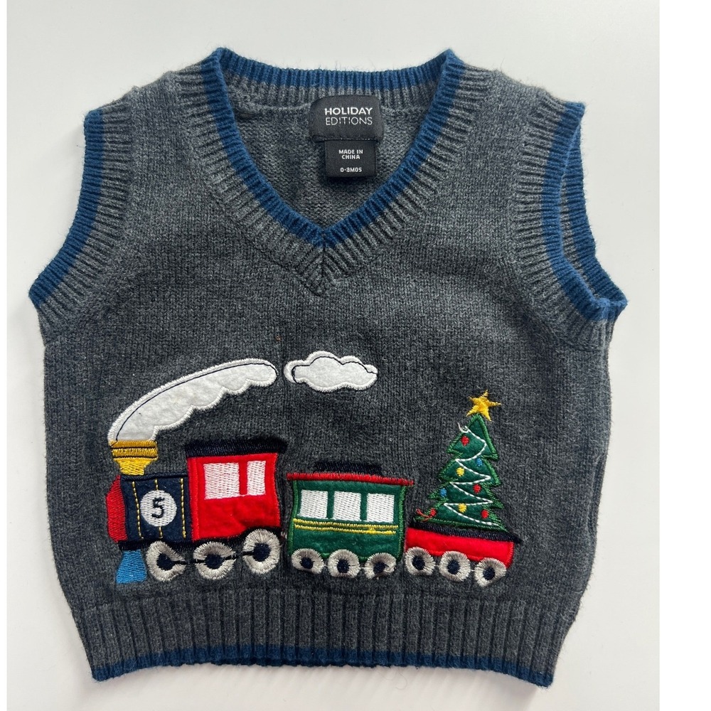Holiday Editions Christmas Train Sweater Vest Baby Boys 0-3M Gray Knit